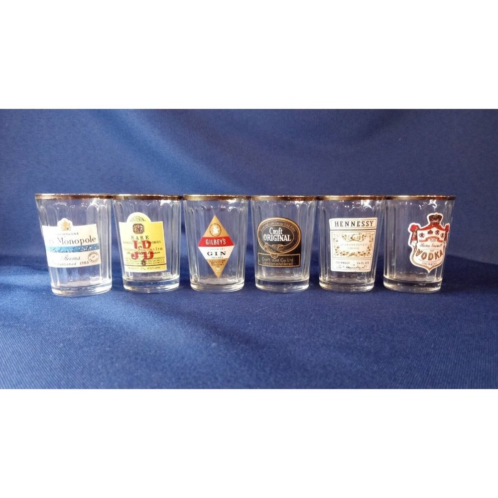 Lot of 6 Alcohol Brand Vintage Look Gold‎ Trim Shot Glasses -Faded Trim (10b1)